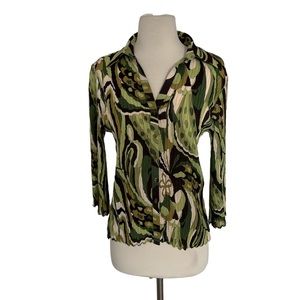 E.K. Designs Vintage Green Patterned Women's Button-Front Top